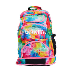 Way Funky Falling Colours Elite Squad backpack with vibrant multicolor design, featuring multiple compartments and adjustable straps.