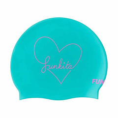 Blue and pink Way Funky Love Too seamless swim cap made of smooth, stretchy material, designed for comfortable swimming.