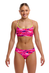 Funkita Women's Special Pops sports bikini top in pink and multi-colored pattern, designed for swimming and activewear.