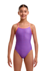 Purple and pink Funkita girls' single strap one-piece swimsuit with "Add Me Babe" design, suitable for swimming and active wear.