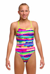 Funkita girls paint patch single strap one-piece swimsuit in vibrant multi-color design, suitable for swimming and active wear.
