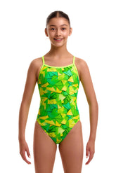 Funkita girls' green and yellow single strap one-piece swimsuit with a sleek design and vibrant color for swimming and training.