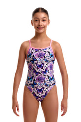 Funkita Girls Wings To Fly single strap one-piece swimsuit in vibrant multi-colored design, featuring a sleek fit and sporty look.