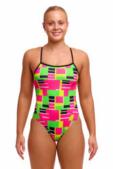 Funkita Ladies Blocked Again single strap one-piece swimsuit in multi-color with bold geometric pattern, front view.