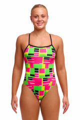 Funkita Ladies Blocked Again single strap one-piece swimsuit in multi-color with bold geometric pattern, front view.