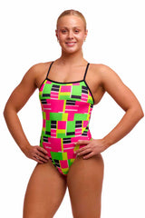 Funkita Ladies Blocked Again single strap one-piece swimsuit in vibrant multi-color pattern, designed for active swimming.