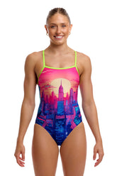 Funkita women's Skyline Drive single strap one-piece swimsuit in multi-color with bold geometric pattern, front view.