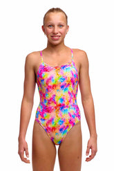 Funkita girls dry me diamond back one-piece swimsuit with colorful, vibrant pattern, suitable for swimming and water activities.