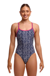 Black, white, and pink Funkita women's Stickler Diamond Back one-piece swimsuit with a sleek design and sporty style.