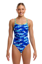 Funkita women's Clean Marine diamond back one-piece swimsuit in blue and multi-color with a sleek design and vibrant pattern.