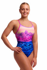 Funkita Ladies Pink Peaks Diamond Back One Piece Swimsuit - Pink/Blue