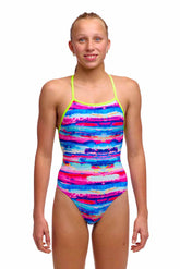 Funkita girls' colour cutaway strapped one-piece swimsuit in bright multi colors, featuring a sleek design and supportive straps.