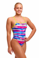 Funkita Ladies Colour Cutaway Strapped One Piece Swimsuit in multi-color, featuring cutaway design and adjustable straps.