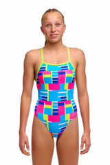 Funkita girls' Blok Tok Tie Me Tight one-piece swimsuit in colorful print, featuring a sleek, sporty design perfect for swimming.