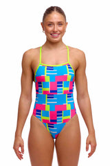 Funkita Ladies Blok Tok Tie Me Tight one-piece swimsuit in multi-color with sleek design and supportive fit.