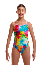 Funkita girls' Falling Colours twisted one-piece swimsuit with vibrant multi-colored pattern and sleek design, suitable for swimming.
