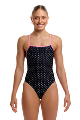 Funkita women's Be Positive single strength one-piece swimsuit in black and pink, featuring a sleek design and comfortable fit.
