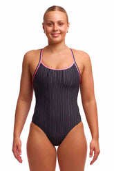 Funkita Ladies Pin Stripe Diamond Back Secure One Piece Swimsuit - Black/White