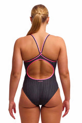Funkita Ladies Pin Stripe Diamond Back Secure One Piece Swimsuit - Black/White