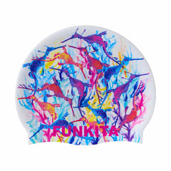 Way Funky Dreamy Weedy swim cap in vibrant multi-colored design, made for comfortable and stylish swimming.