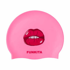Pink and red Way Funky Miss Kiss swim cap featuring bold, stylish design, made for comfortable and secure fit during swimming.