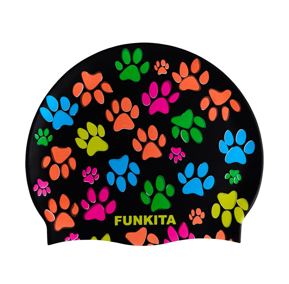 Way Funky Pawsome silicone swimming cap in multi-color with playful paw print design for kids' swimwear.