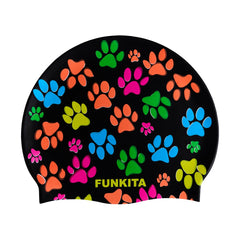 Way Funky Pawsome silicone swimming cap in multi-color with playful paw print design for kids' swimwear.
