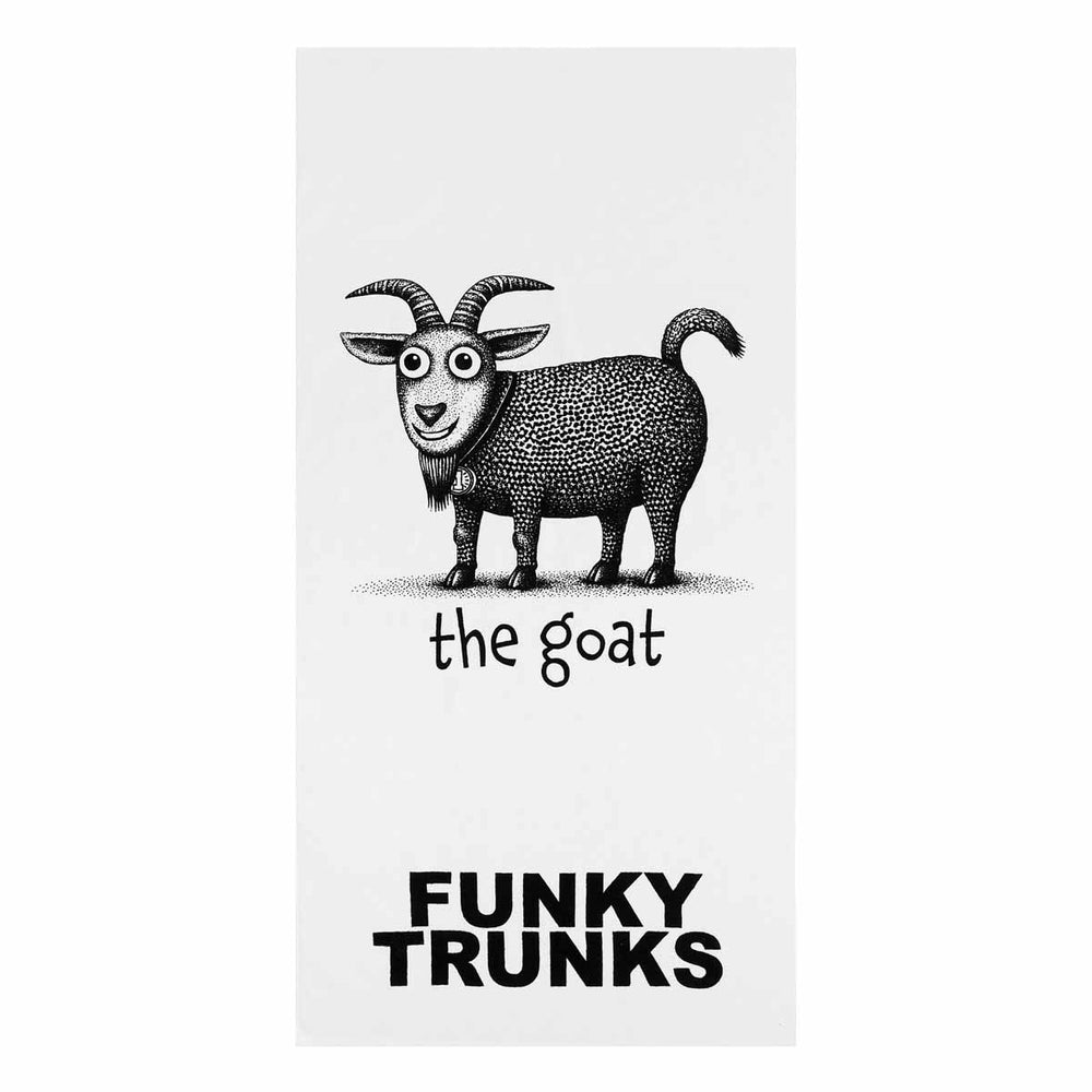 White and black "The Goat" towel by Way Funky, featuring bold graphic design, laid flat to showcase its soft fabric and stylish print.