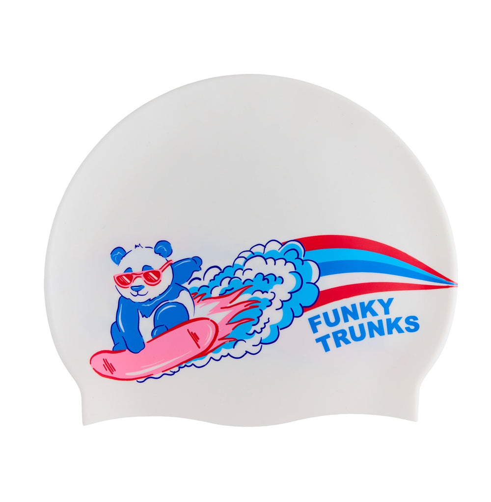 Way Funky Blast Buddies silicone swimming cap in white and multi-colored design, featuring playful cartoon characters for kids.