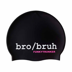 Way Funky Bro Bruh swim cap in black and white, stylish and snug-fitting swim hat for men, featuring bold branding and a comfortable fit.
