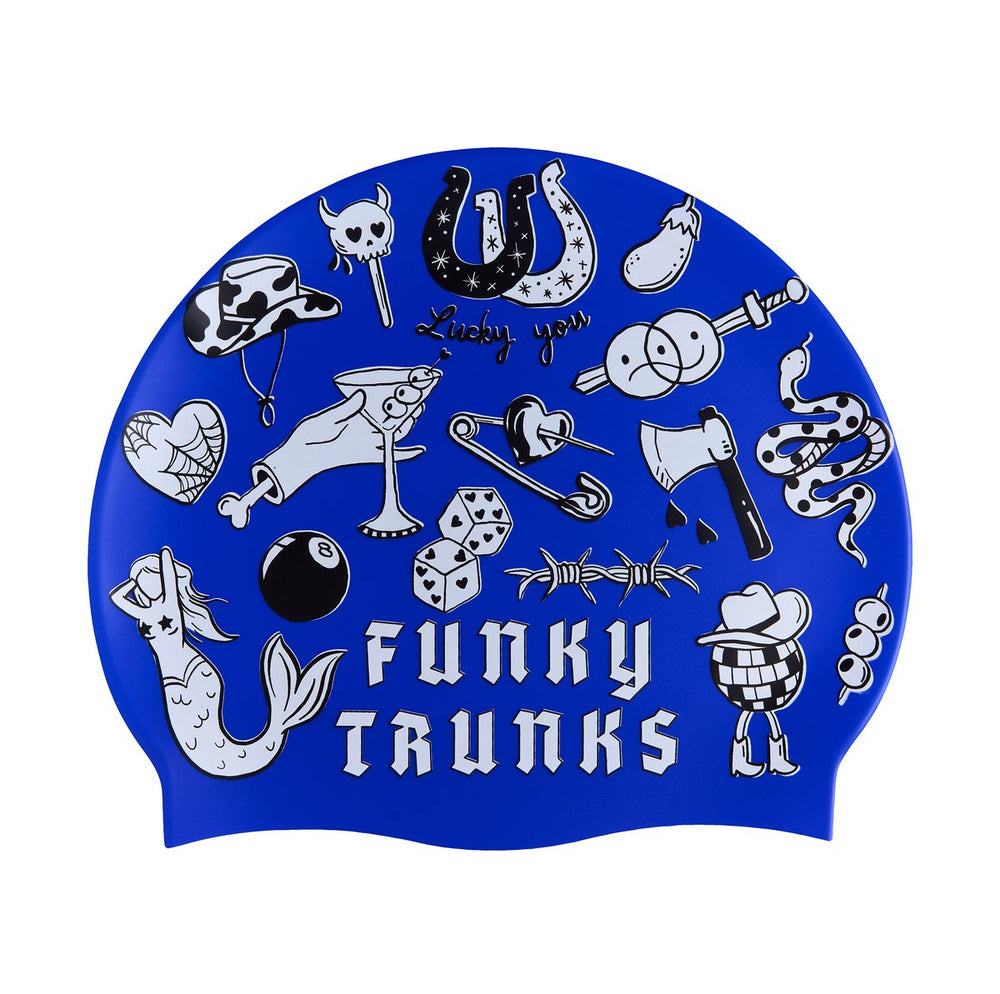 Blue, black, and white Way Funky Scratchy silicone swimming cap, designed for comfortable, snug fit during swimming.