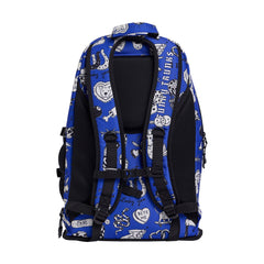 Way Funky Scratchy Elite Squad backpack in blue, black, and white with bold graphic design and multiple compartments.