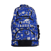 Way Funky Scratchy Elite Squad backpack in blue, black, and white with bold graffiti-style design and adjustable straps.