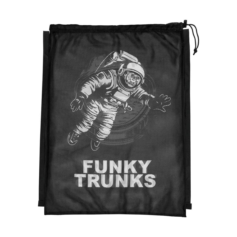 Black and white Way Funky Arti Mess mesh gear bag with multiple compartments and sturdy handles for easy carrying.