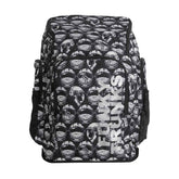 Way Funky Arti Mess Space Case backpack in black and white with bold, artistic design and adjustable straps on a plain background.