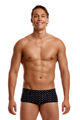 Funky Trunks men's black Be Positive classic trunks with bold graphic design, made from comfortable stretch fabric.