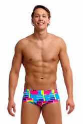 Funky Trunks men's Blok Tok classic trunks in multi-color with bold geometric patterns, shown laid flat.