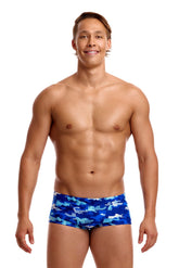 Funky Trunks men's Clean Marine classic trunks in blue and multi-color with a fitted, comfortable swimwear design.