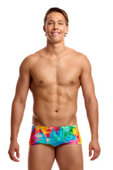 Funky Trunks men's Falling Colours classic trunks in multi-color pattern, showcasing the vibrant, comfortable swimwear design.