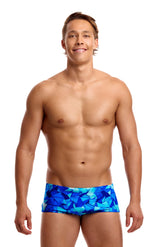 Funky Trunks men's blue classic trunks featuring a comfortable fit and vibrant blue color, shown laid flat.