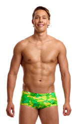 Funky Trunks men's Try Tonic classic trunks in green and yellow with a bold pattern, made from comfortable, stretchy fabric.
