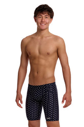 Funky Trunks boys' black Be Positive training jammer, designed for swimming, with a sleek fit and vibrant Be Positive logo detail.