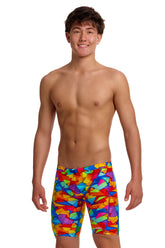Funky Trunks boys' try the lot training jammer in vibrant multi-color with bold design, suitable for competitive swimming.