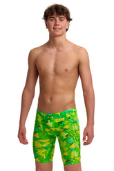 Funky Trunks boys' green and yellow Tonic training jammer swimwear, close-up showing fitted design and vibrant colors.
