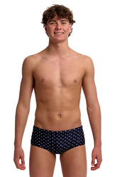 Funky Trunks boys' Be Positive Sidewinder trunks in black, sporty swimwear with vibrant design and comfortable fit.