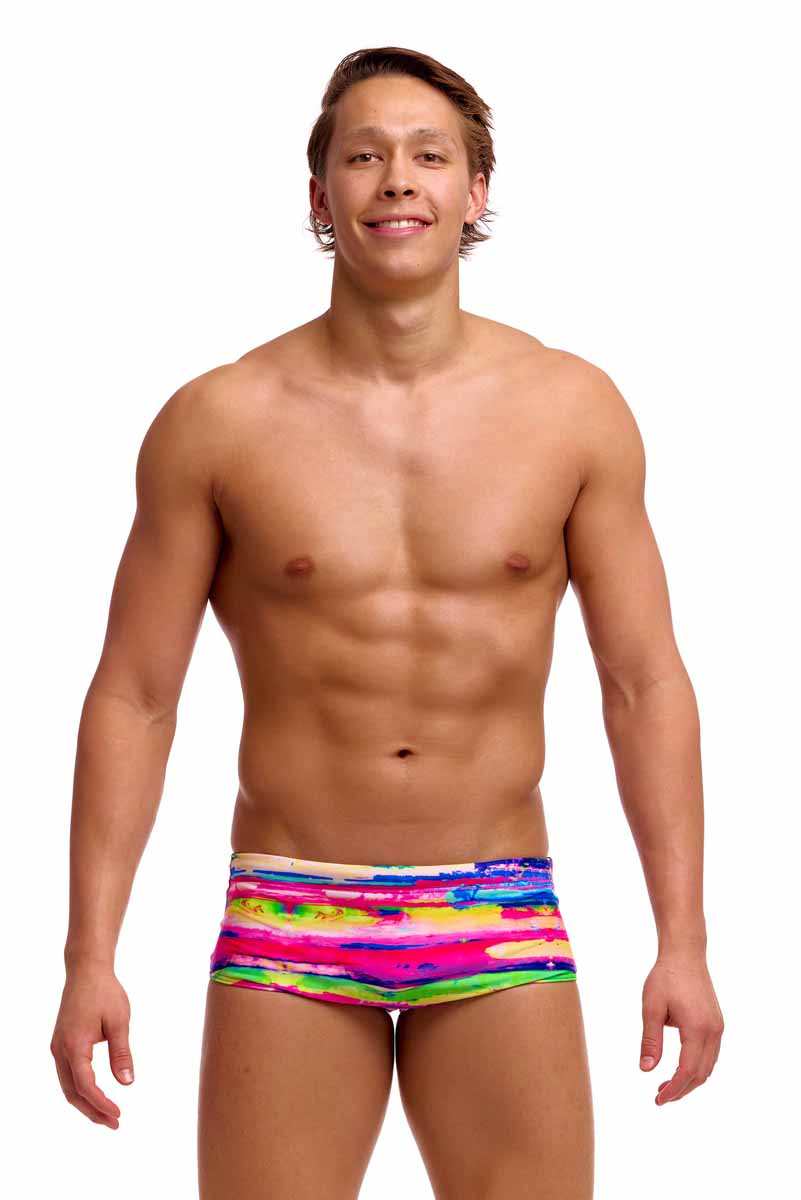 Funky Trunks men's paint patch Sidewinder trunks in multicolor with vibrant paint design and side panel detail.