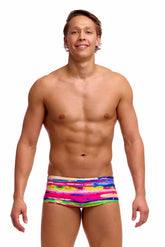 Funky Trunks men's paint patch Sidewinder trunks in multicolor with vibrant paint design and side panel detail.