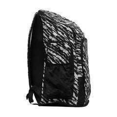 Way Funky Fur Elise Space Case Backpack in black and white with a textured fur design and adjustable shoulder straps.