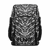 Way Funky Fur Elise Space Case Backpack in black and white with a galaxy-inspired pattern and adjustable shoulder straps.