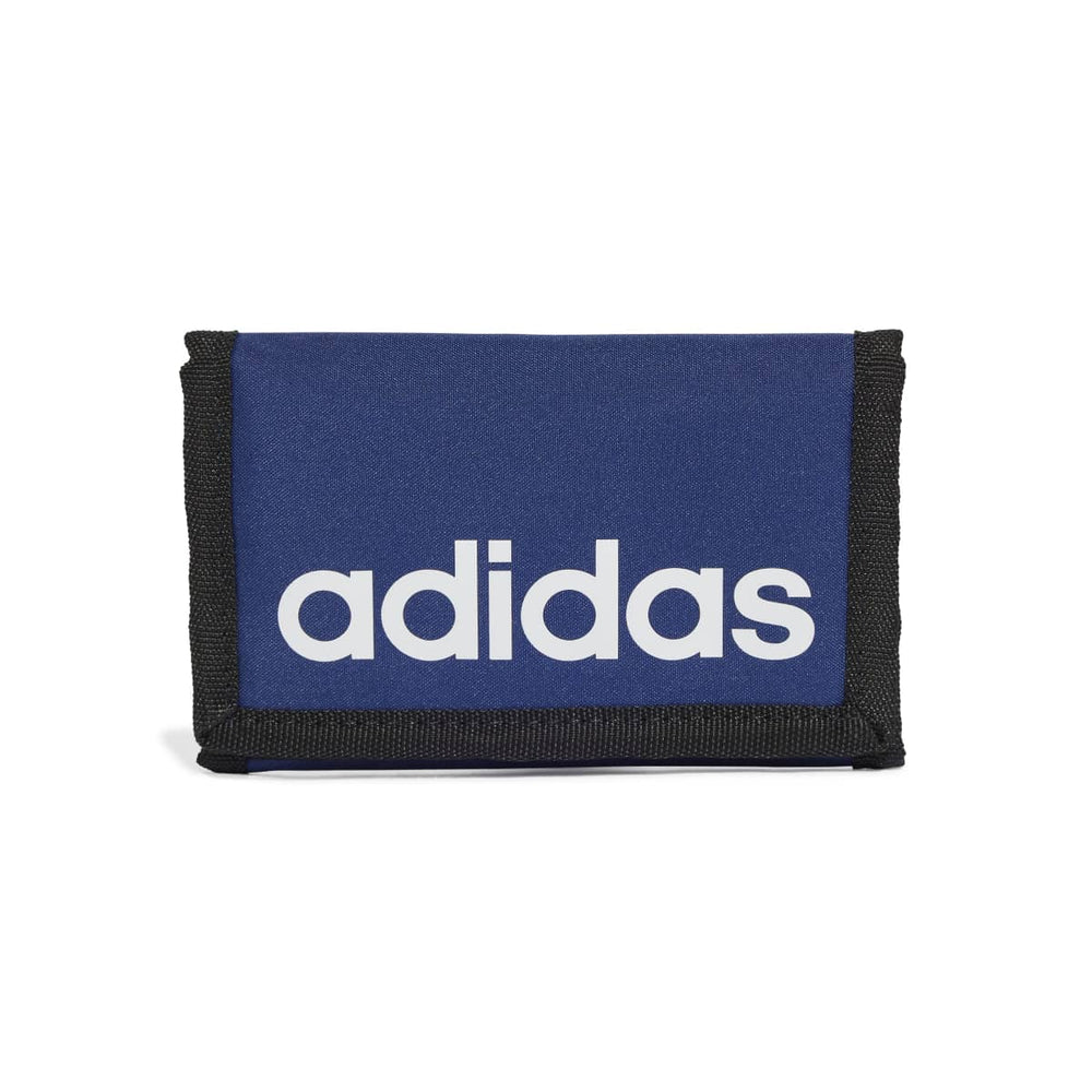 Adidas Linear Wallet in navy and white with sleek design, front view showing the brand logo and wallet details.